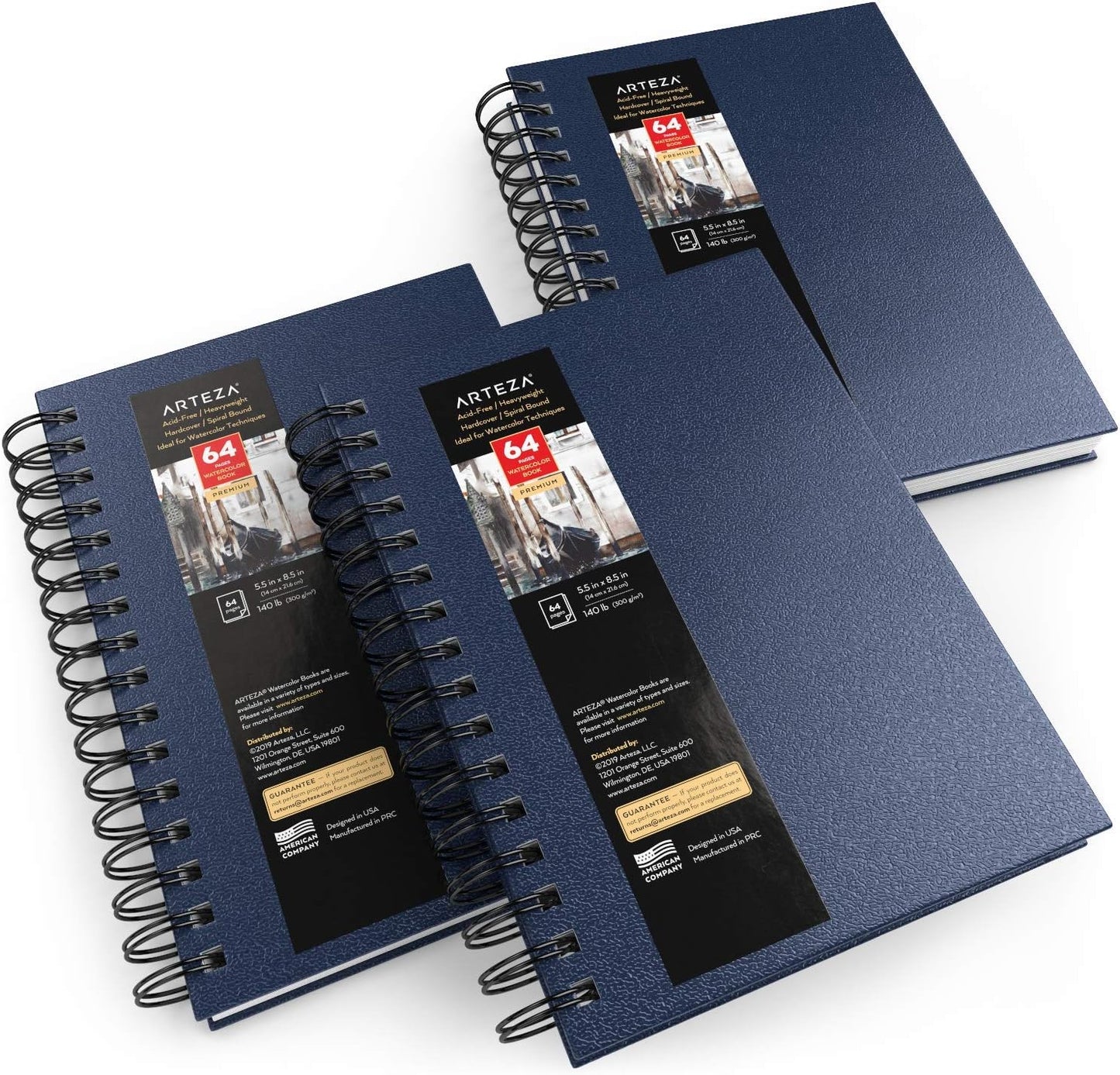ARTEZA Watercolor Sketchbook Set,3-Pack,64 Pages per Book,5.5 x 8.5 Inches,Blue Hardcover Spiral Notebooks,140-Pound Premium Watercolor Paper for Artists