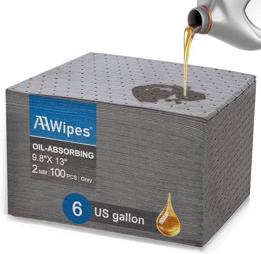 AAwipes Oil Absorbent Pads Universal for All Liquids Oil Spill Control Oil Absorbing Sheets for Garage, Car, Truck, Motorcycle Grey 100 Pack 9.8" X 13" OG1013-100