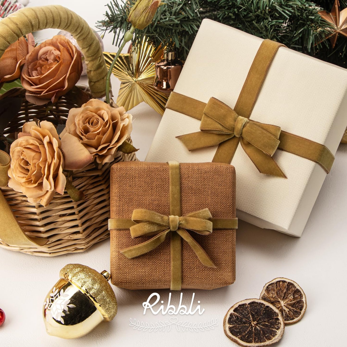 Ribbli Polyester Khaki Velvet Ribbon,3/8 Inches Continuous10-Yard Spool,Christmas Ribbon for Gift Wrapping,Floral Bouquets, Home Decor