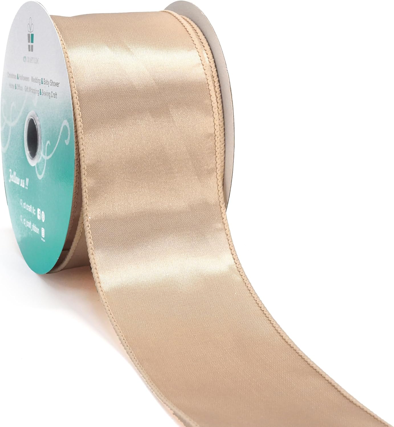 CT CRAFT LLC Satin Wired Ribbon 2.5 Inch x 20 Yards Champagne Gold for Christmas Home Décor Gift Wrapping Tree Topper Bow Wreath DIY Crafts,