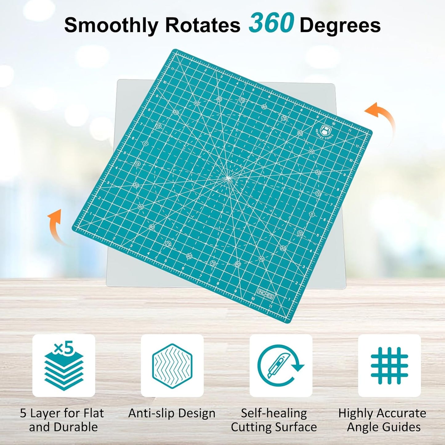 Headley Tools 12"x12" Rotating Cutting Mat, Self Healing Mat with 360-Degree Rotation & Anti-Slip Base, Sewing Board Cutting Mat Perfect for Fabric Quilting Leather Hobby Project, Turquoise