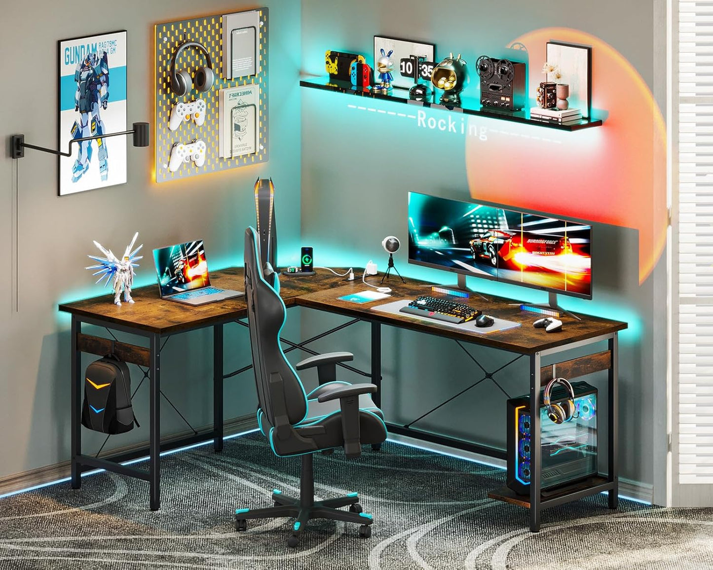 Coleshome 59" L Shaped Gaming Desk with Outlet, L Shaped Desk with CPU Stand, Corner Computer Desk, Home Office Desk, Writing Desk, Vintage