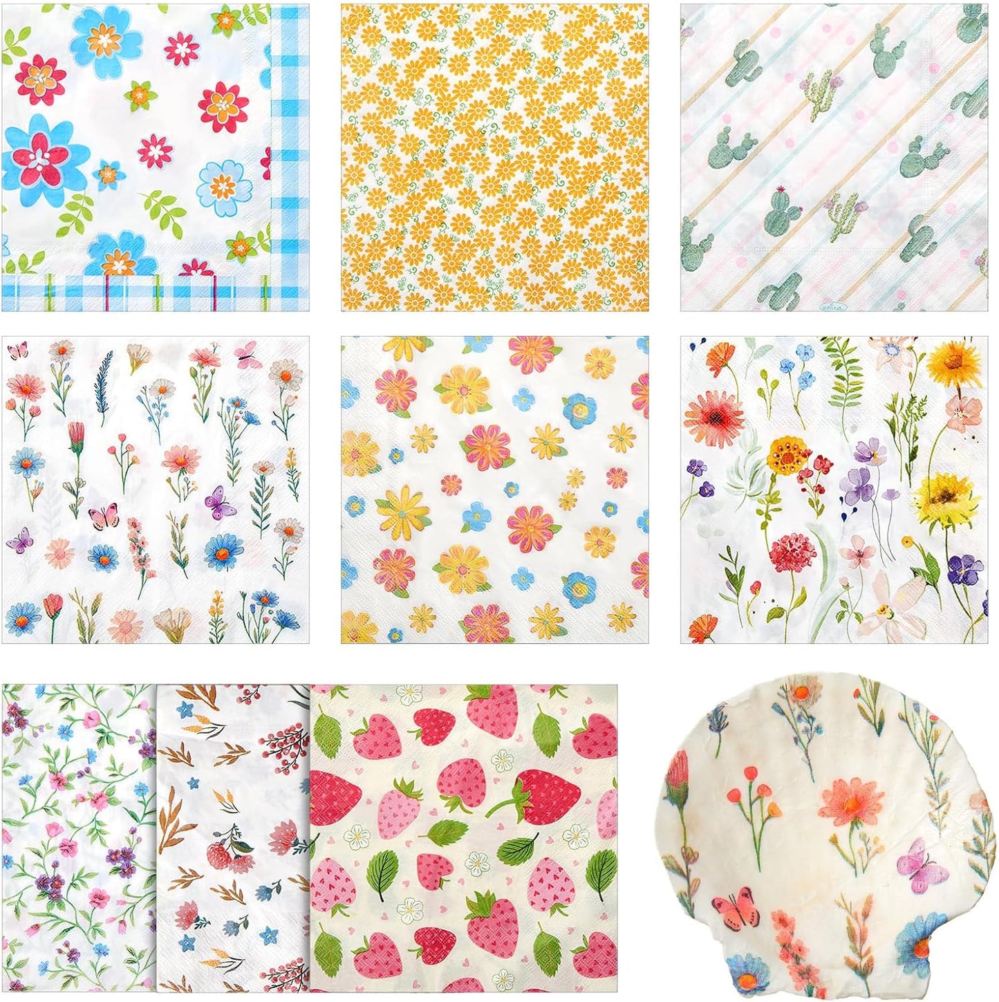 Crtiin 36 Pack 9 Styles Decoupage Napkins Assorted Floral Decorative Decoupage Napkins Chinoiserie Cocktail Paper for DIY Crafting Birthday Party, Each Unfolded 13 Inch (Little Colorful Floral)
