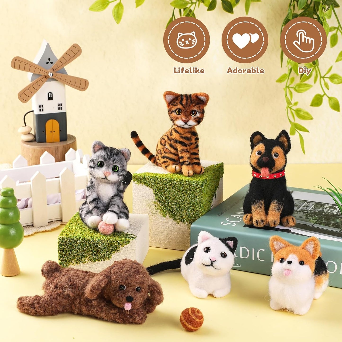 Mayboos 12 Pcs Needle Felting Kit, Animal Needle Felting Beginner Kits Wool Felt Needle Felting Tools with Instruction for DIY Craft Animal Home Decoration