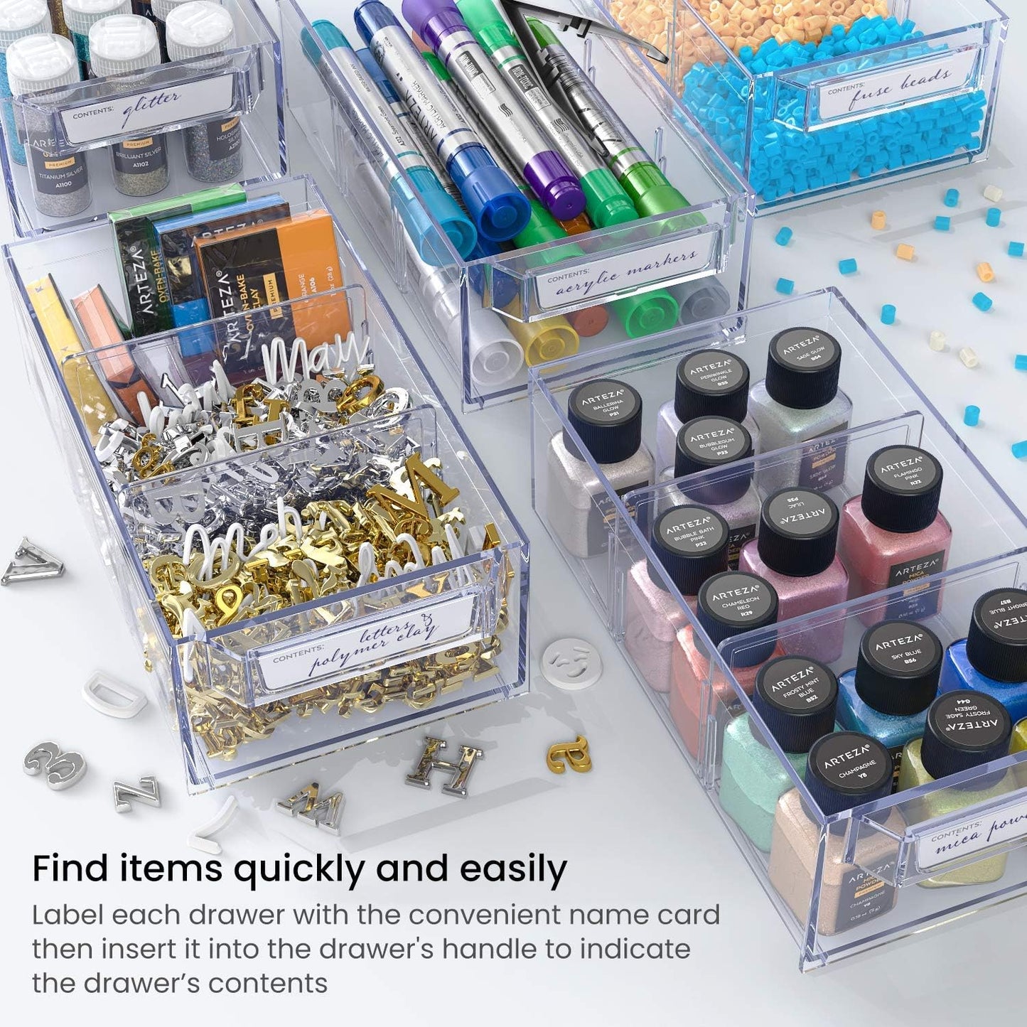 ARTEZA 16 Drawer Storage Cabinet, 17.7 x 8.2 x 10.9 inches, White, Plastic Drawers? with Stoppers, ?Multi Compartment Organizer for Makeup and Art Supplies