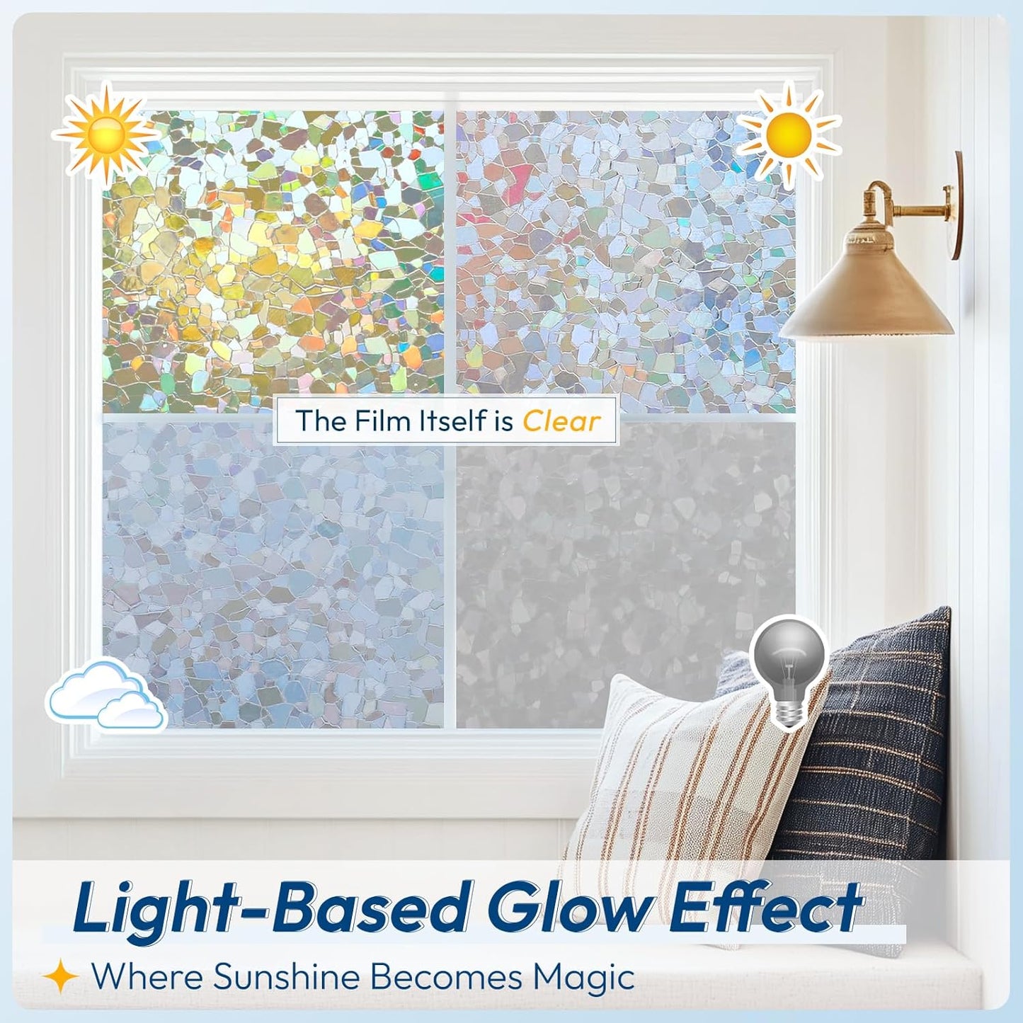 rabbitgoo Rainbow Window Privacy Film Decorative Stained Glass Diamond Pattern Window Sticker with Iridescent Tint Non-Adhesive Static Cling for Home Office Crystal Pattern, 23.6 x 78.7 inch