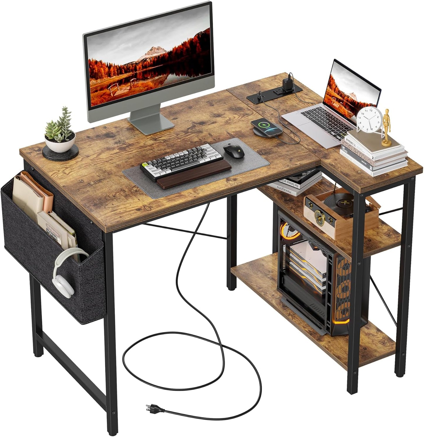 TIQLAB Small Computer Desk with Power Outlets, 40 Inch L Shaped Desk with Reversible Shelves, Gaming Desk Corner Desk Study Writing Desk for Home Office Bedroom Small Space, Rustic Brown