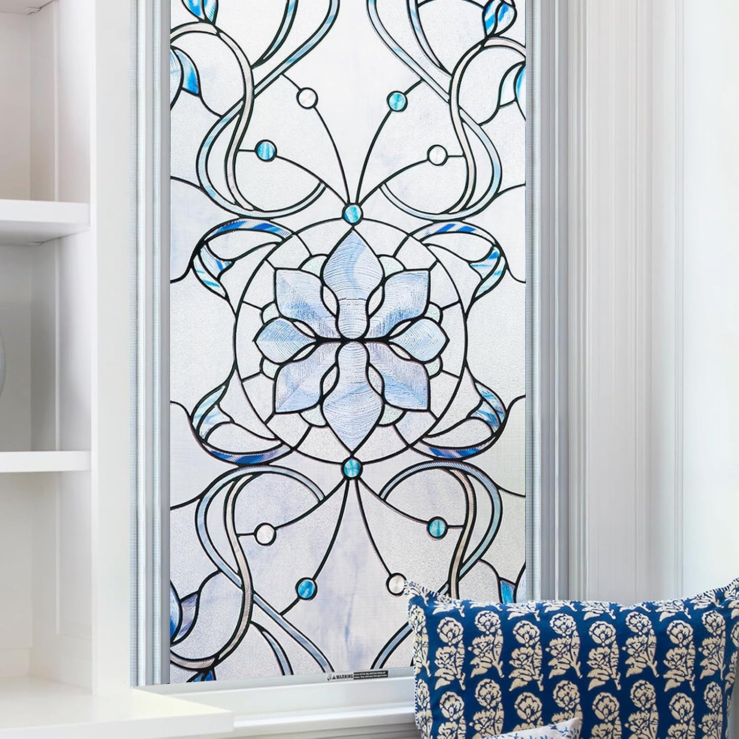3D Stained Glass Window Privacy Film, Heat Control UV Blocking Static Cling Decorative Window Film for Bathroom,Front Door,Home Non Adhesive,16.9 x 78.7 inches Azure Bloom