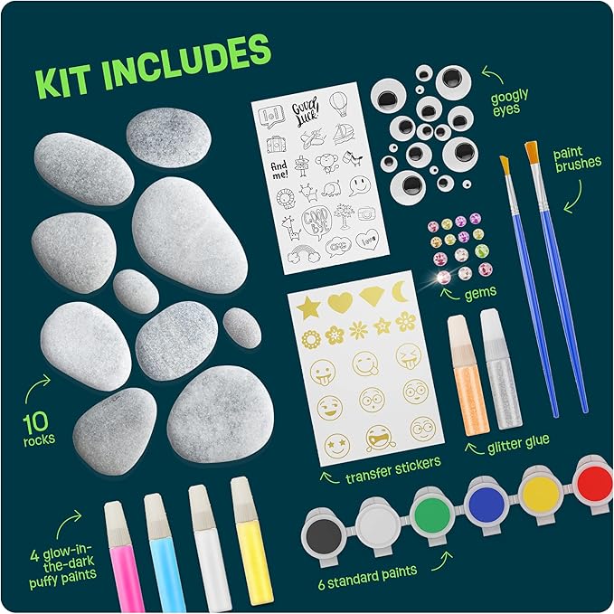 Dan&Darci Kids Rock Painting Kit - Glow in The Dark - Christmas Gifts Arts & Crafts for Boys and Girls Ages 6-12 - Craft Activities Kits - Creative Art Toys for 6, 7, 8, 9, 10, 11 & 12 Year Old Kid