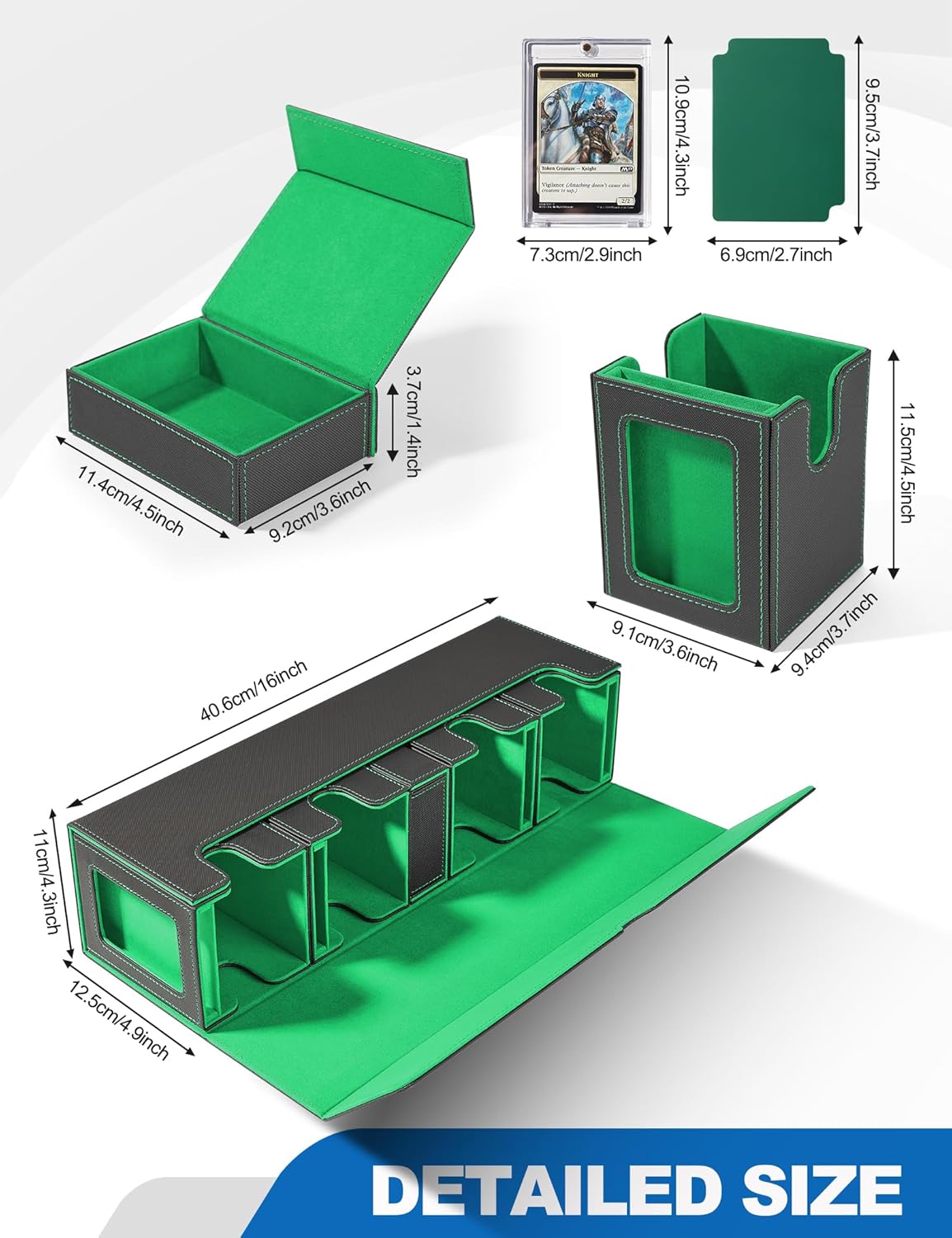 Card Deck Box for MTG with Commander Display, 5 in 1 Card Deck Case Holds 800+ Unsleeved Cards, Strong Magnet Organizer Compatible with Yugioh TCG Sports Cards (Black&Green)