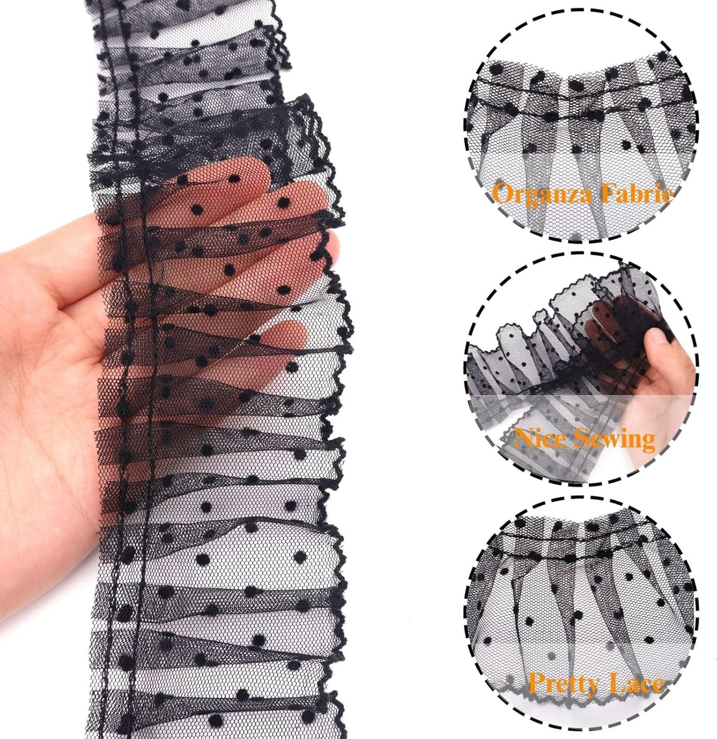 Dots Lace Ruffle Trim for Sew, Crafts 2.4" x5yd Single Layer Pleated Edge Lace Ribbon (Black)