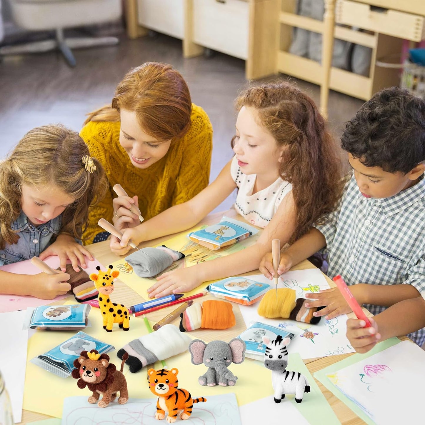 WATINC Needle Felting Kit - 5 Set Unique Different Cute Doll Wool Felt Needle Tools Foam Pad Instruction, DIY Home Decoration Craft Party Supplies for Art Work Starter Beginners (Wild Animal)