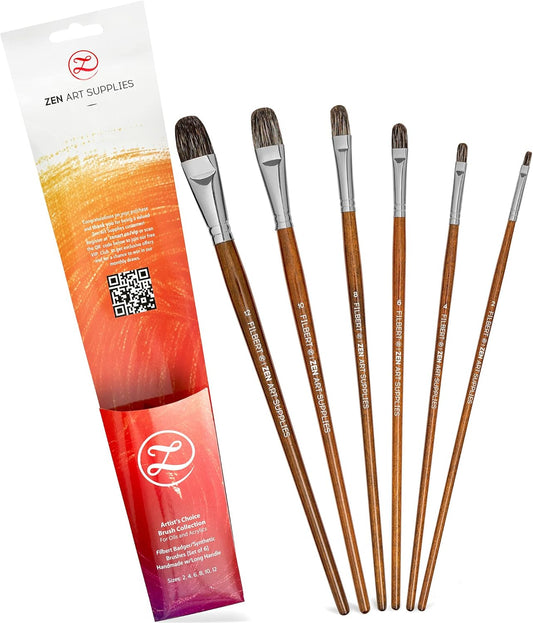 Professional Filbert Paint Brushes for Oil & Acrylic – 6pc Acrylic Paint Brush Set 2, 4, 6, 8, 10, & 12 with Durable Badger/Synthetic Bristles – Long Lacquered Birchwood Handles, No Shedding by ZenART