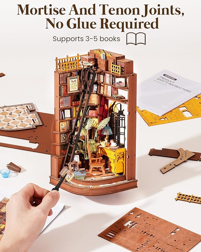 Rolife DIY Book Nook Kits for Adults, Miniature Dollhouse Booknook Kit, 3D Wooden Puzzle Creative Decorative Bookends Bookshelf Diorama Insert Crafts Hobbies Gifts (Silent Corner Study)