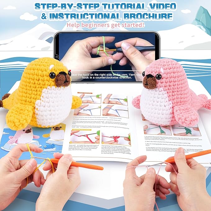 Fortuning's JDS Crochet Kit for Beginners - Seal Crochet Kits with Step-by-Step Video Tutorials, Beginner Crochet Kit for Adults Kids, Crochet Animal Kit, 2 PCS Seals with a Fish Crocheting Set