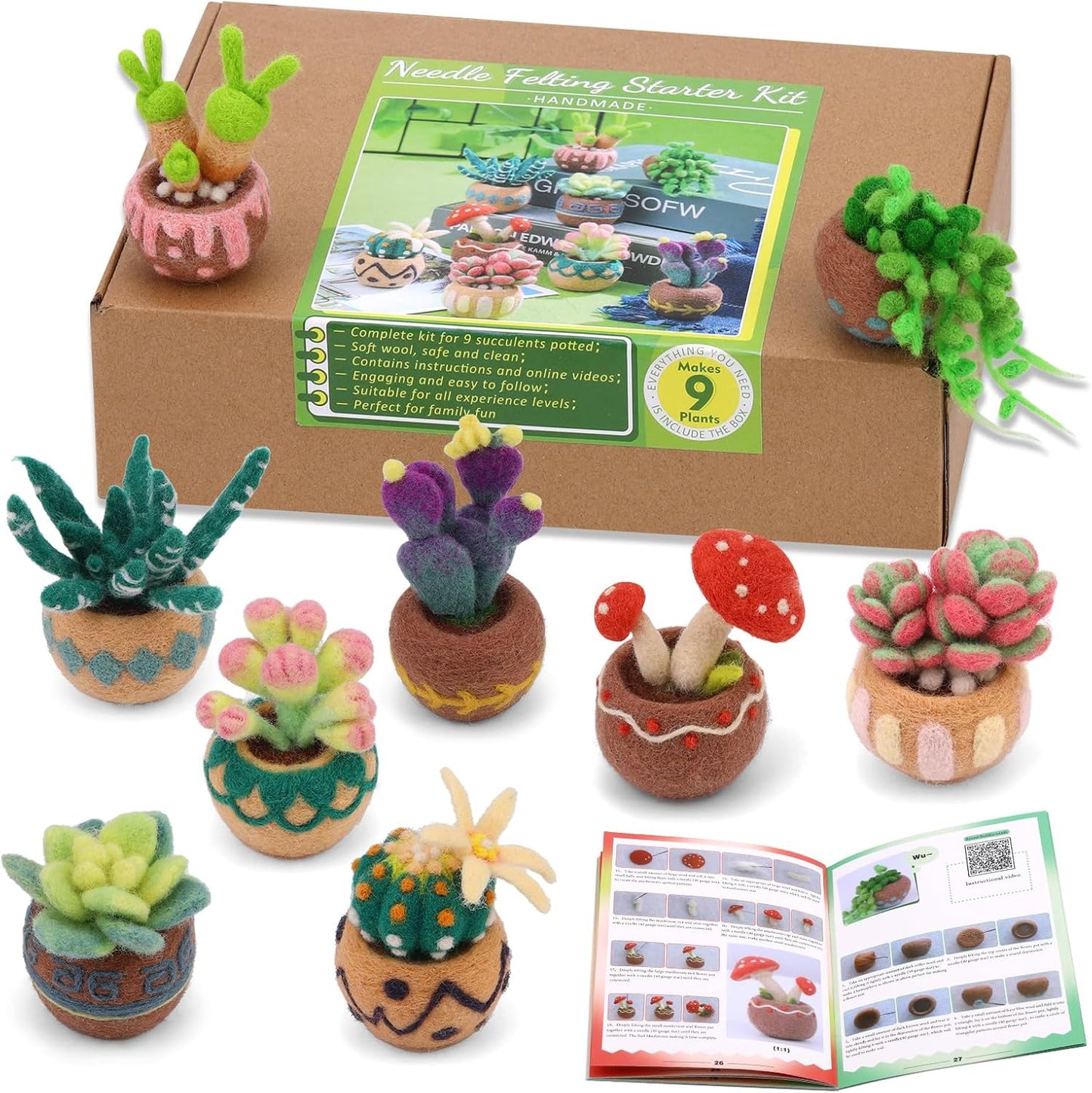 Yizzvb Needle Felting Kit, 9 Pcs Succulent Needle Felt Beginner Kits, Wool Felting Kit Including Wool Roving, Felting Pad, Felting Needles and Instructions for DIY Craft Home Decoration