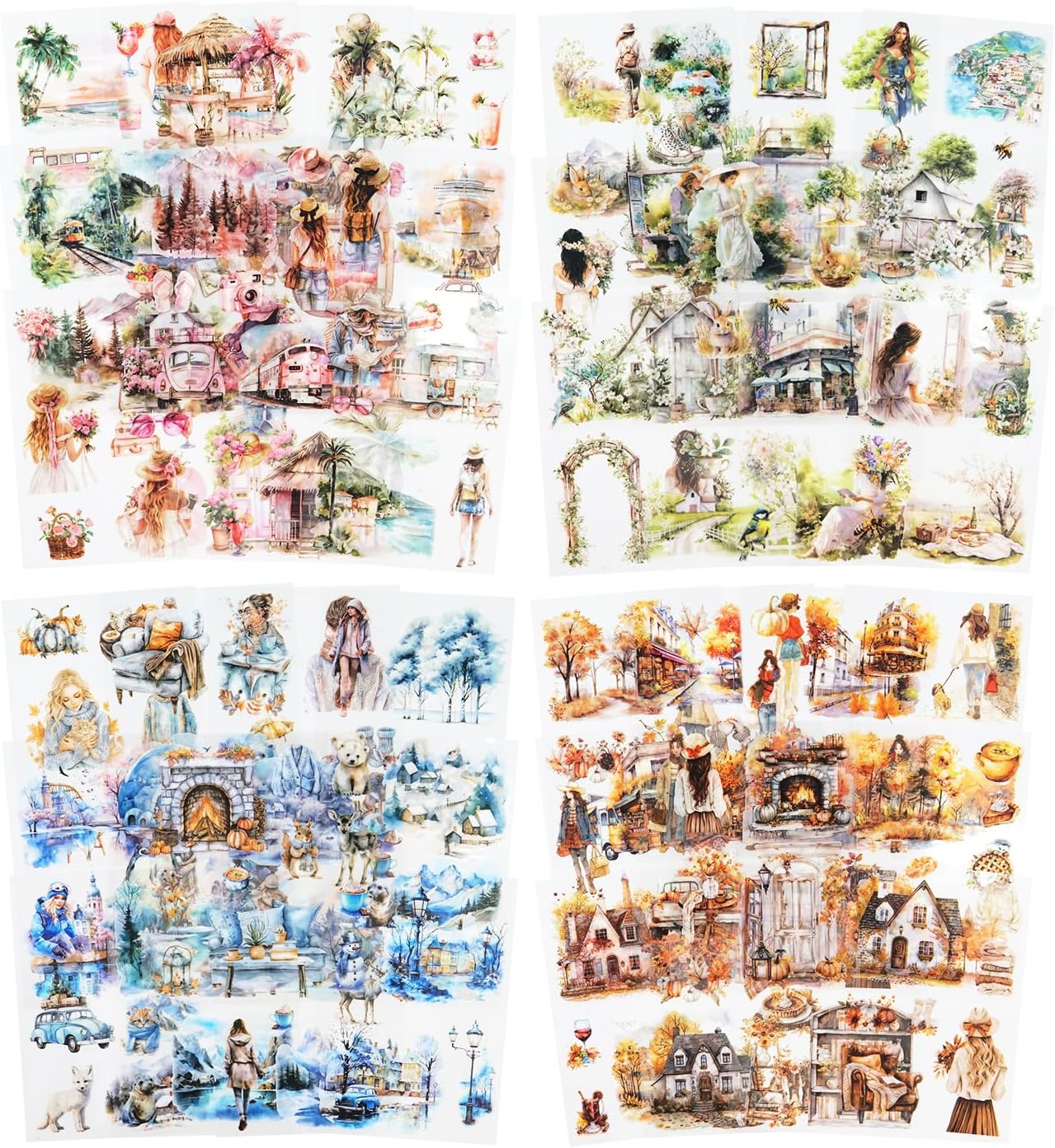 Seasons Journey Pre-Cut PET Sticker Set, 80 Sheets of Seasonal Travel-Themed Stickers for Scrapbooking, Journaling, DIY Crafts, and Junk Journal Ephemera