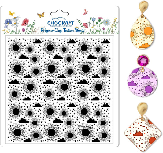 CHGCRAFT Sun and Cloud Polymer Clay Texture Sheets Geometric Pattern Silicone Texture Stamp Clay Texture Mat Modeling Pattern Pad Sheets for Jewelry and Earrings Tools, 5.5x5.5 inch