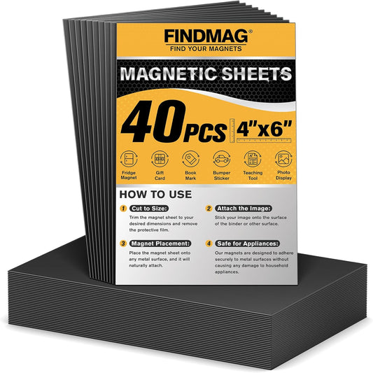 FINDMAG Magnetic Adhesive Sheets, 40PCS Magnetic Tape, Flexible Magnet with Adhesive Backing, Magnet Sheet Stickers for Crafts, Board, Photos, 4" x 6"