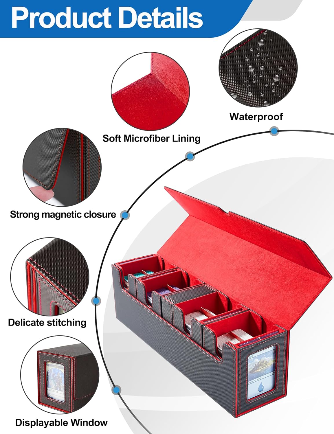 Card Deck Box for MTG with Commander Display, 5 in 1 Card Deck Case Holds 800+ Unsleeved Cards, Strong Magnet Organizer Compatible with Yugioh TCG Sports Cards (Black&Red)