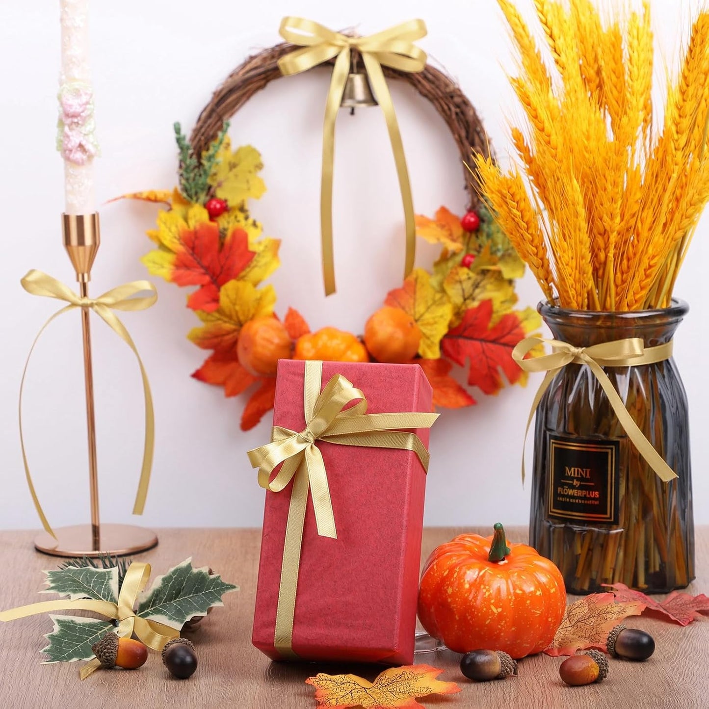 Gold Ribbon 3/8 Inch 120 Yards Thin Craft Christmas Satin Ribbon for Gift Wrapping Sewing Trim Cake Hair Bows Crafts Christmas Decorations