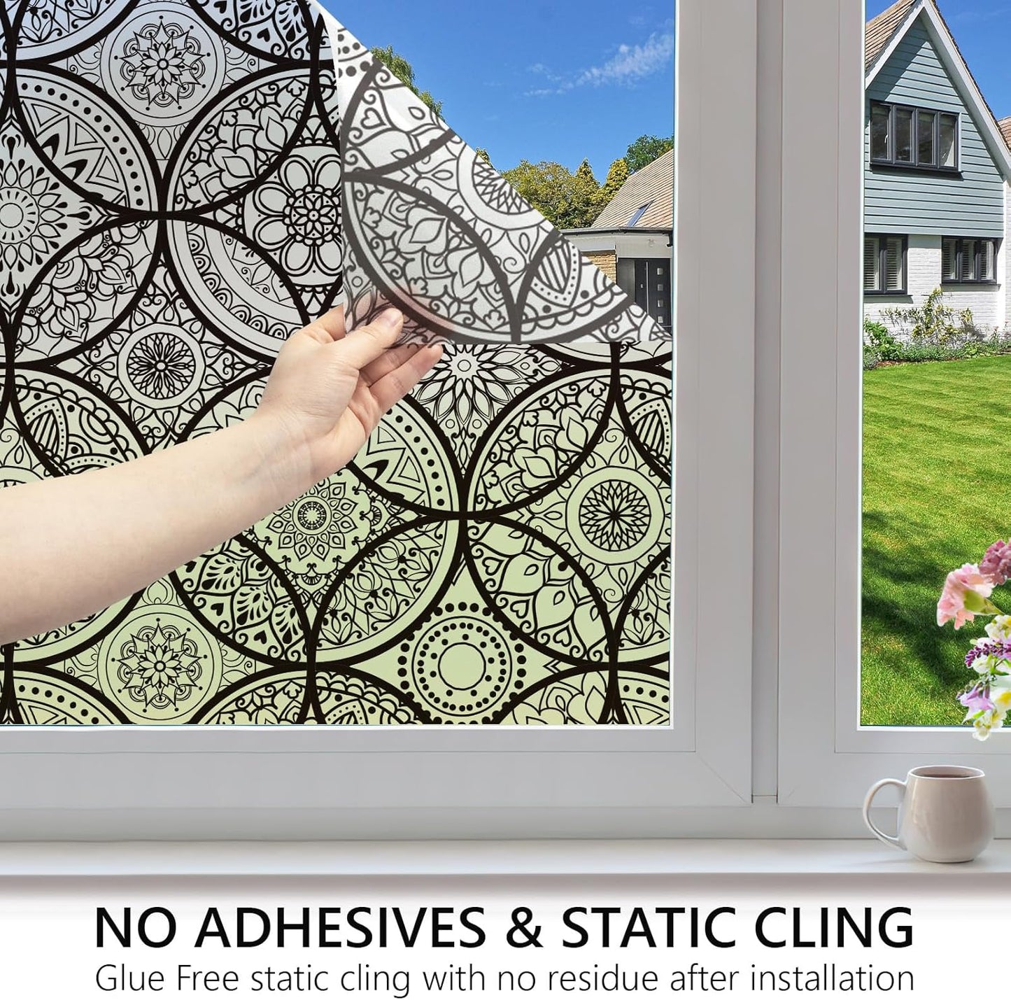DKTIE Boho Stained Glass Look Window Privacy Film with Installation Tools, Decorative Frosted Glass Window Film Static Cling No Glue Removable, Pure Black, 17.7" x 78.7"