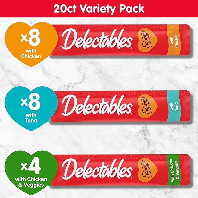 Hartz Delectables Squeeze Up Variety Pack, Creamy Squeezable Puree, Lickable Wet Cat Treats, Grain Free, No Added Fillers, No by-Products, No Added Preservatives, 0.5 Ounces Tube, 20 Tubes Total