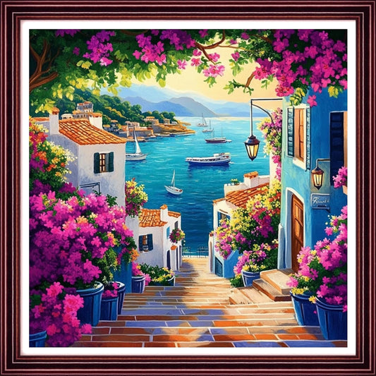 Redxing Stamped Cross Stitch Kits Full Range of Embroidery Starter Kits- Needlepoint Counted Cross Stitch Kits for Beginner Adults 11CT Printed Embroidery Kit-Seaside Floral Scenery 18x18 inch