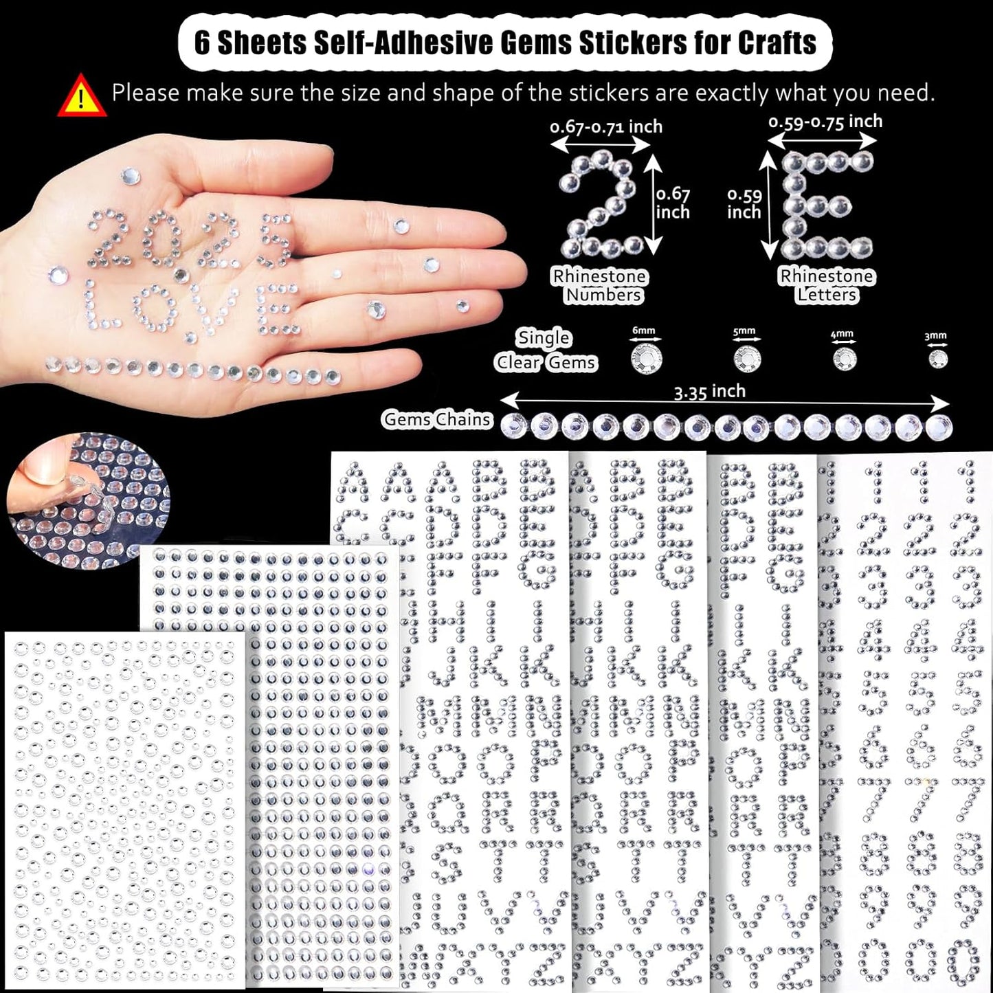 565 Pcs Crafting Number Letter Gems Stickers, Self Adhesive Small Rhinestone Alphabet Letter Gems for Crafts, Stick On Gems Stickers for Grad Cap, Scrapbook, Crafting Art Decoration