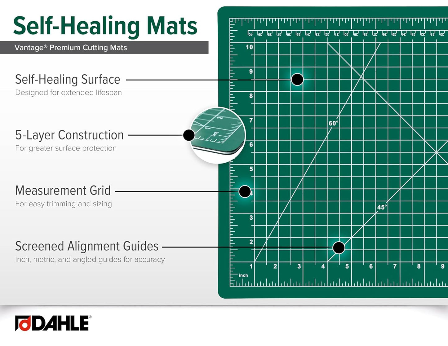 Dahle Vantage 10470 Premium Self-Healing Cutting Mat, 9"x12", 1/2" Grid, 5 Layers for Max Healing, Perfect for Crafts & Sewing, Green