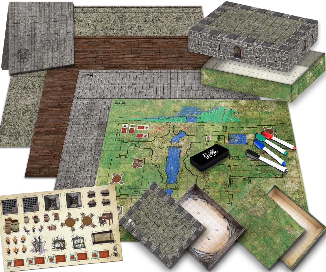 Melee Mats DND Map Starter Kit - 22” x 26" Double Sided, Wet/Dry Erase Battle Terrain Grid - Ultimate Tabletop Board Gaming Experience with Accessories