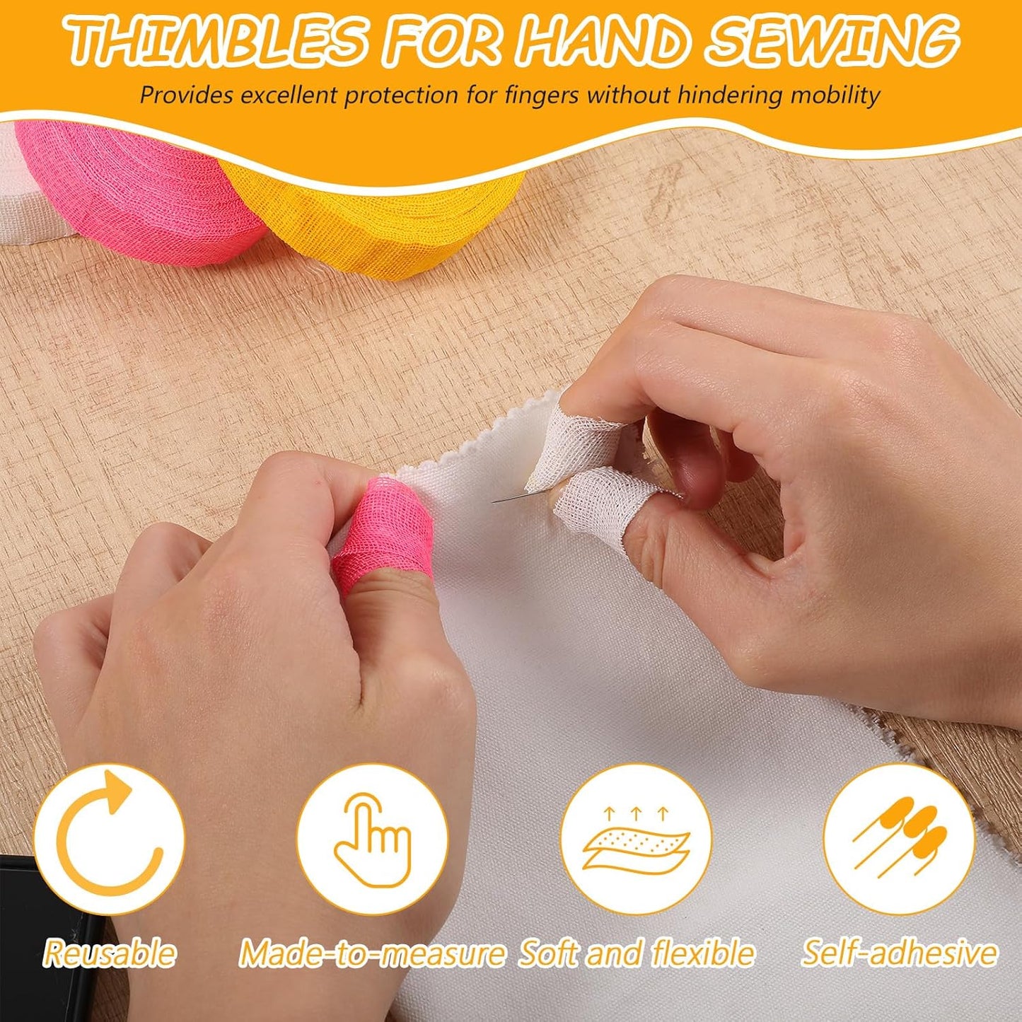 Bewudy 3 Rolls Thimble Tape for Hand Sewing, Sewing Thimble Finger Protector Tape Breathable Cotton Gauze Thimble Tapes Knitting Bandage Wrap for Quilting Crocheting Embroidery