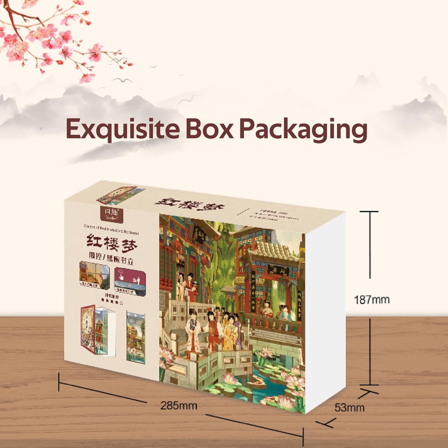 Tonecheer DIY Book Nook Kit for Adults, Wooden 3D Puzzle Bookend Bookshelf Insert Decor, Chinese Booknook Miniature House Kit with Dust Cover and Body Motion Sensor LED Light (Dream of Red Mansions)