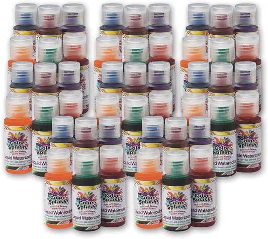 S&S Worldwide Color Splash! Liquid Watercolor Paint, 8 each of 6 Vivid Colors, 1-oz Drip-Dispense Bottles, For All Watercolor Painting, For Groups, Use to Tint Slime, Clay, Glue, Non-Toxic. Pack of 48