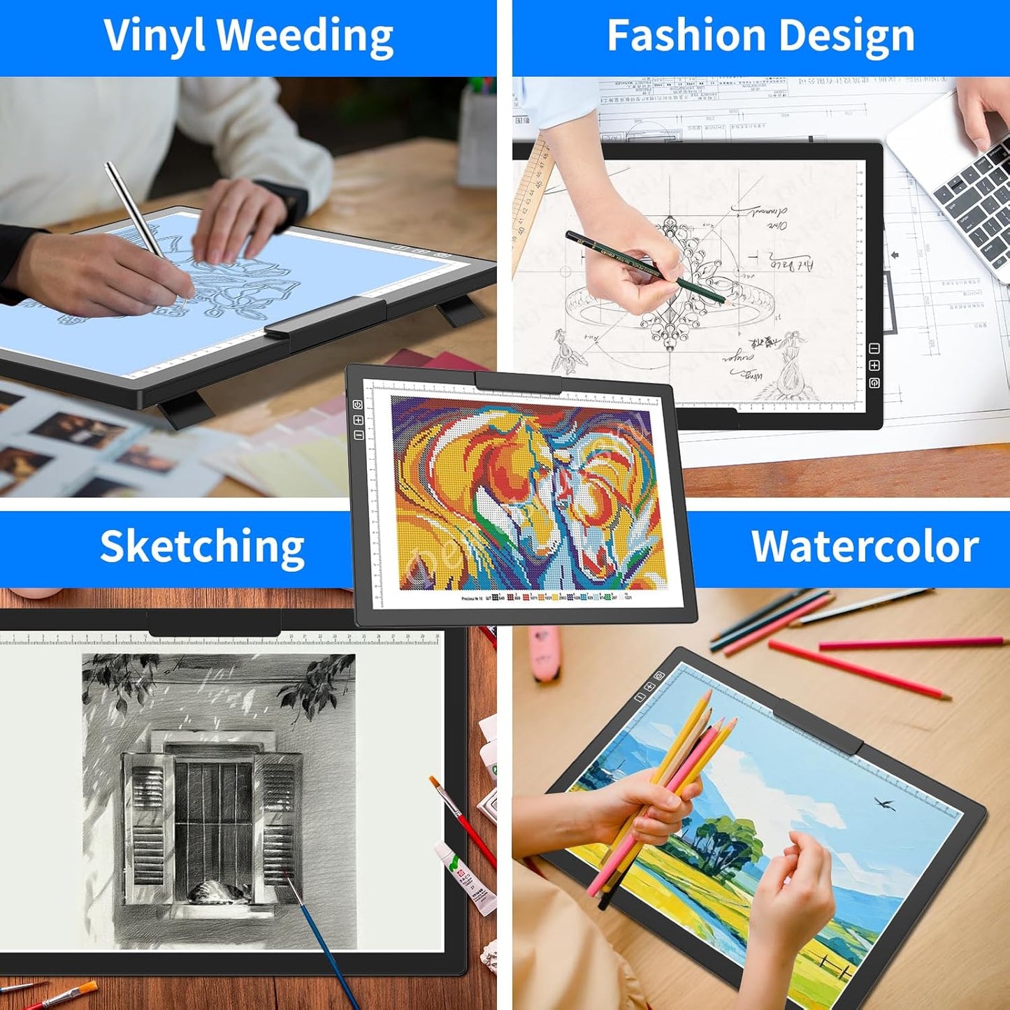 HIUKCOLED Rechargeable A4 Light Pad, Battery Powered Light Board with Top Clip＆Stand, Stepless Dimmable＆6-Level Brightness Adjustable, Wireless LED Tracing Box for Diamond Painting,Drawing,Sketching