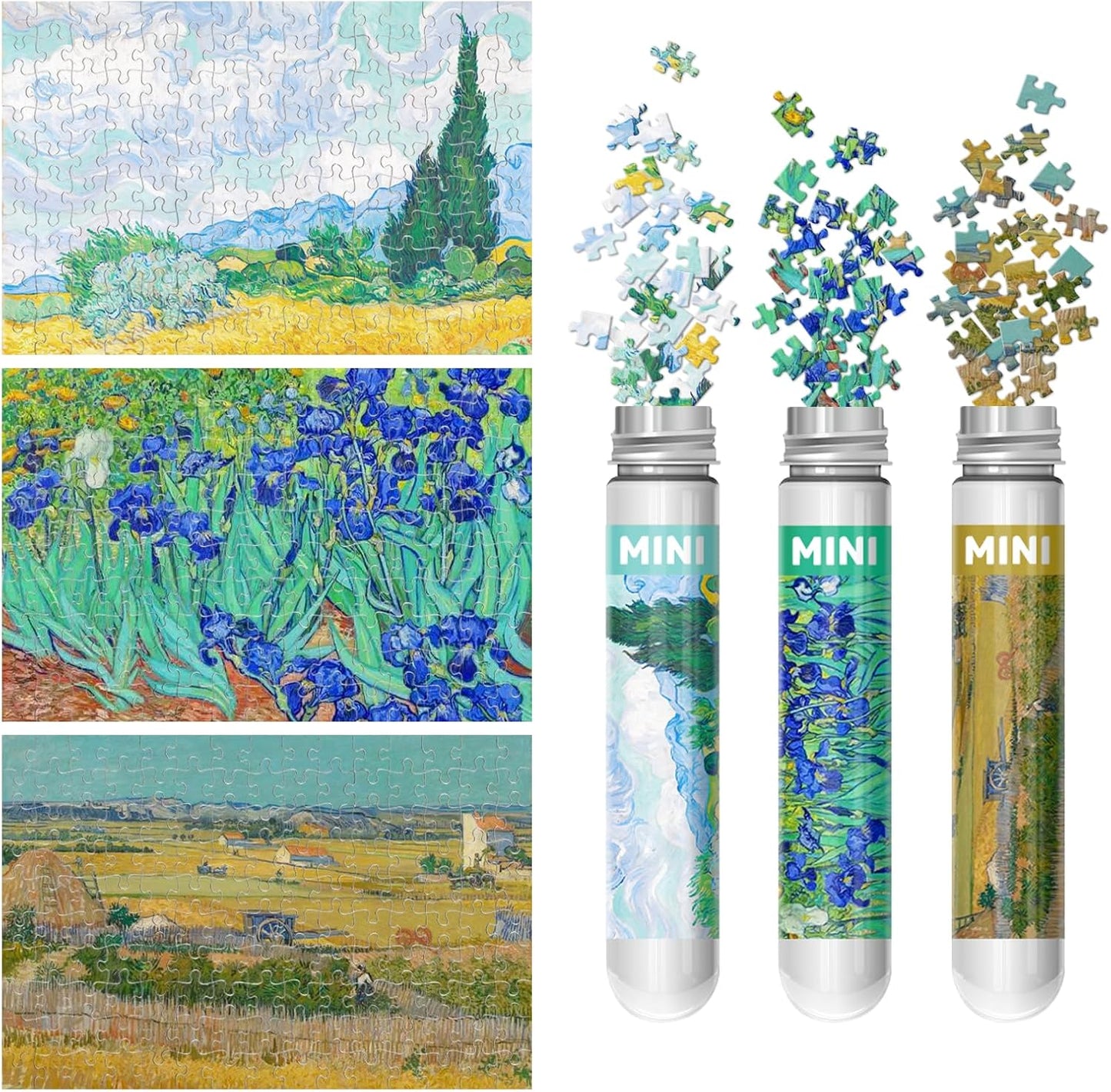 150 Pieces Mini Jigsaw Puzzles for Adults & Kids, 6" x 4" Small Jigsaw Puzzles Capsule Tube Jigsaw Puzzles Intelligent Game, Wheat Field with Cypresses Irises The Harvest (Wheatfields) 3 Pack