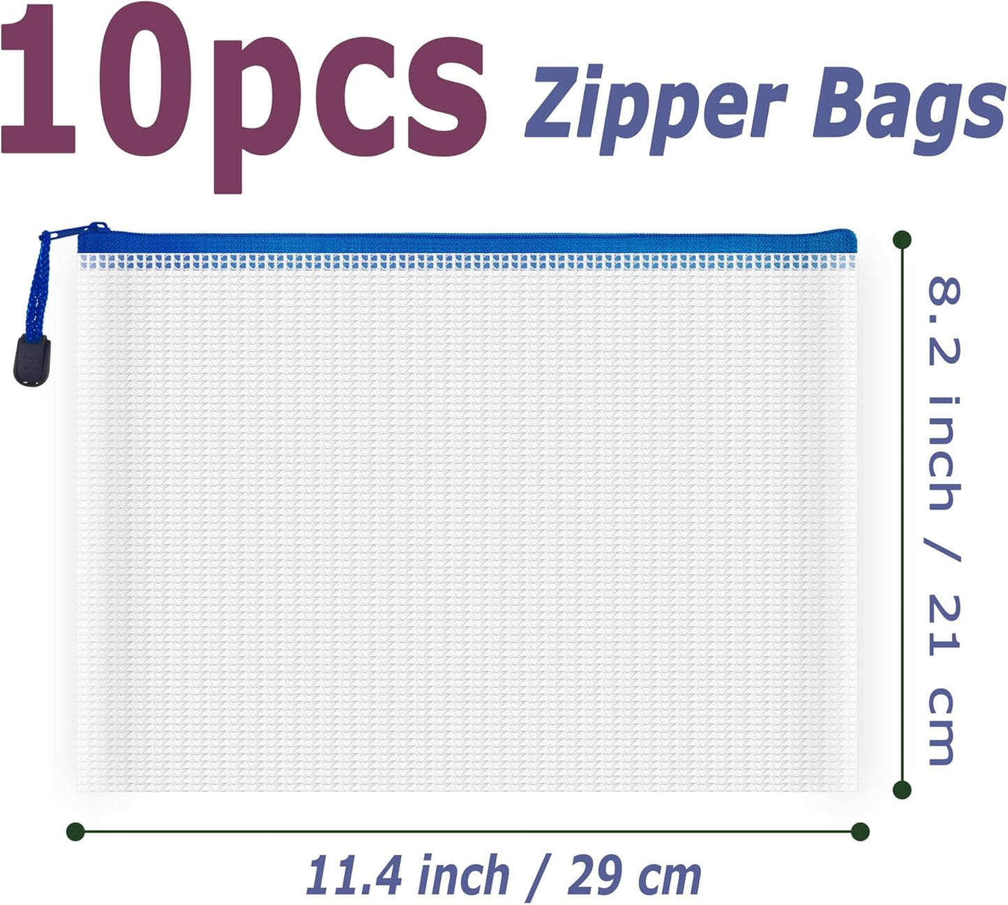 AUSTARK 10 Pcs Zipper File Bags, Waterproof Plastic Mesh Pouch for Office School, Board Game Storage Bags (B5 Size 11.4''x8.2'', White and Blue)