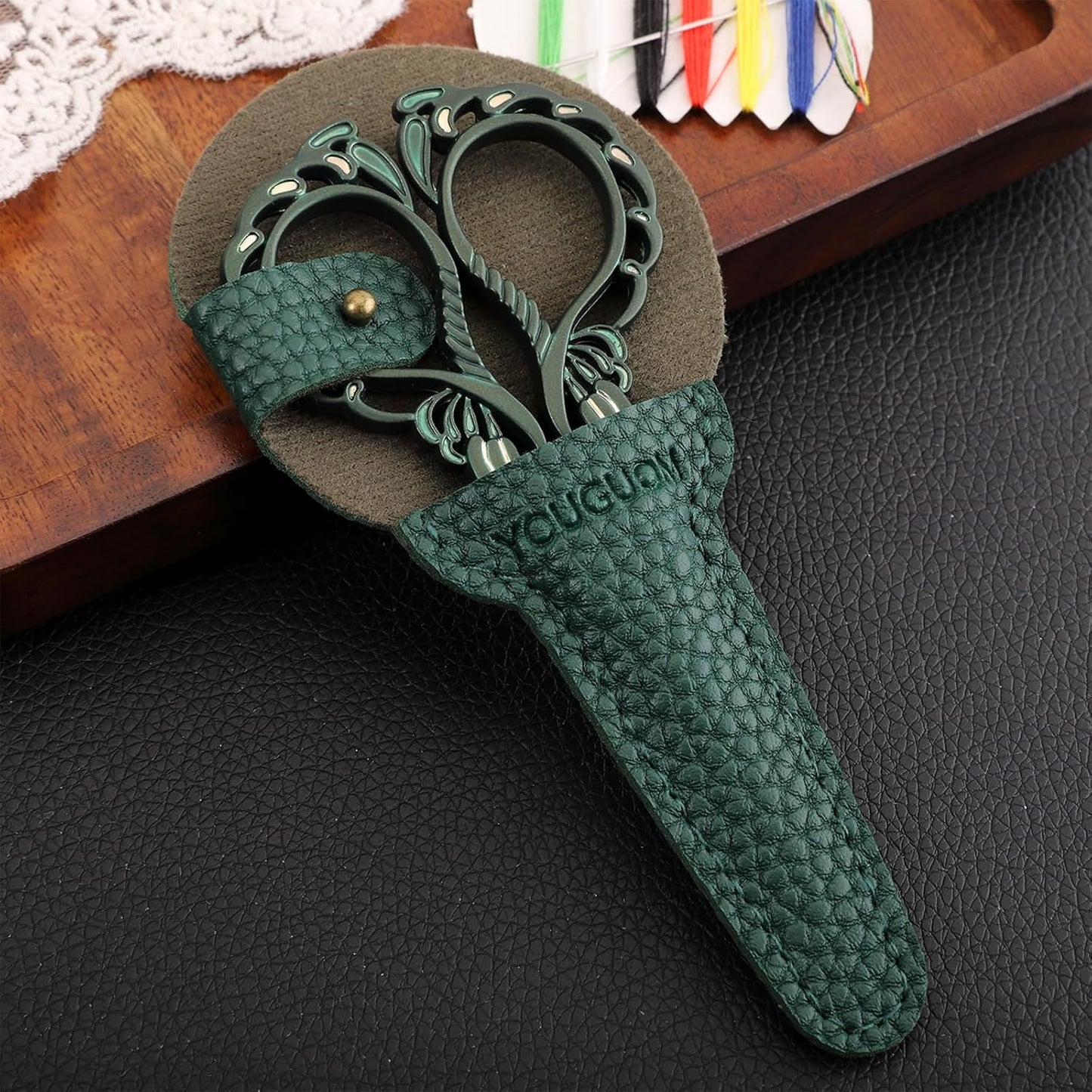 Crochet Scissors with Case, Sewing Scissor for Embroidery Craft Needlework Cross Stitch Snips, Detail Threading Shears Vintage Golden Green