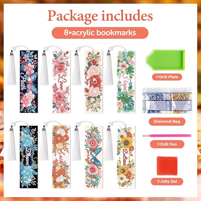 8 Pieces Diamond Art Bookmarks Inspirational DIY Farmhouse Rustic Bookmark Acrylic Tassel Bookmark for DIY Making Beginners Adults Arts Craft Supplies