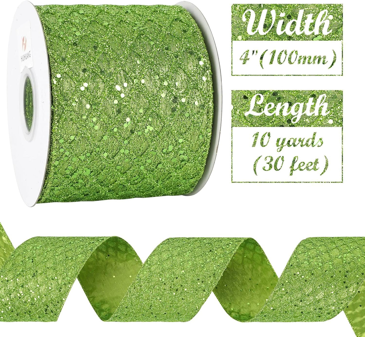 HUIHUANG Lime Green Glitter Wired Ribbon - 4 inch x 10 Yards (30 Feet) - Polyester Material - Perfect for Christmas, Halloween & More - Geometric Pattern - Wired Edges for Easy Shaping