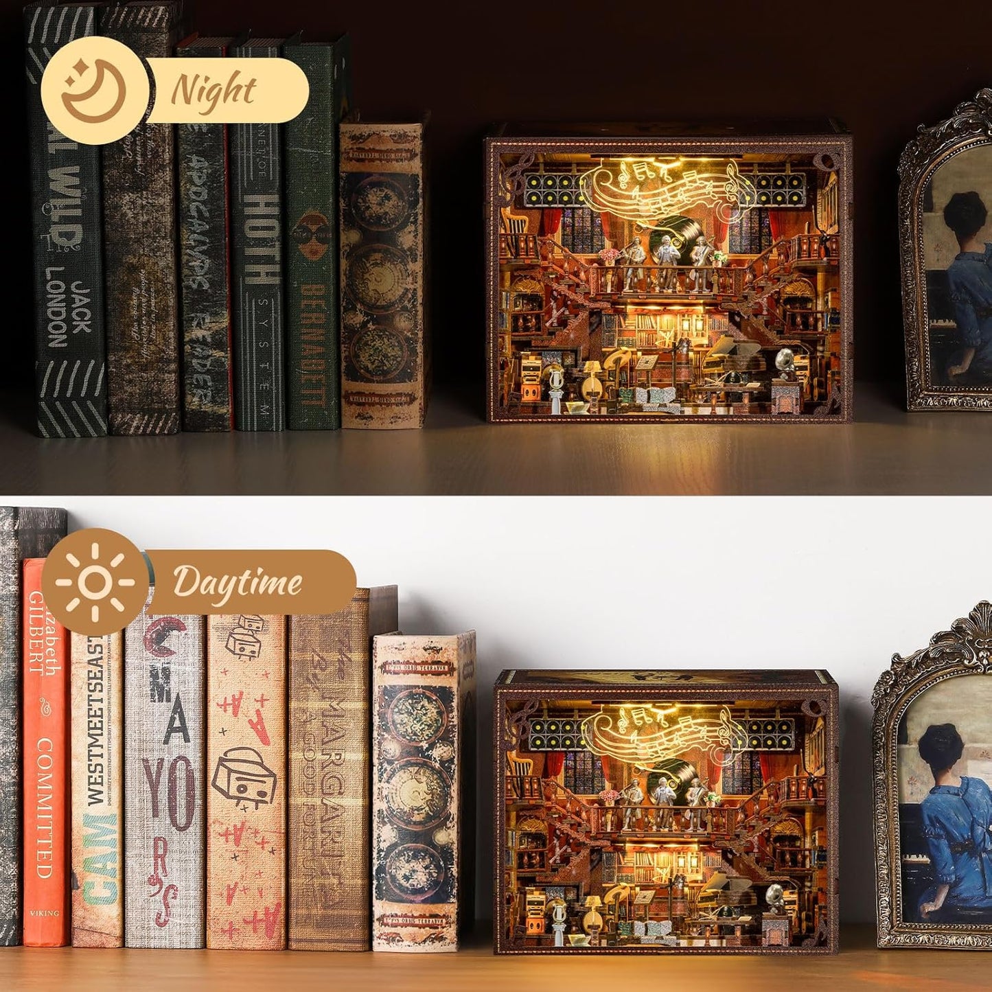 Book Nook Music Kit - DIY Miniature Dollhouse with LED Lights for Adults & Teens, Maestro's Study 3D Wooden Bookshelf Decor, for Family & Friends