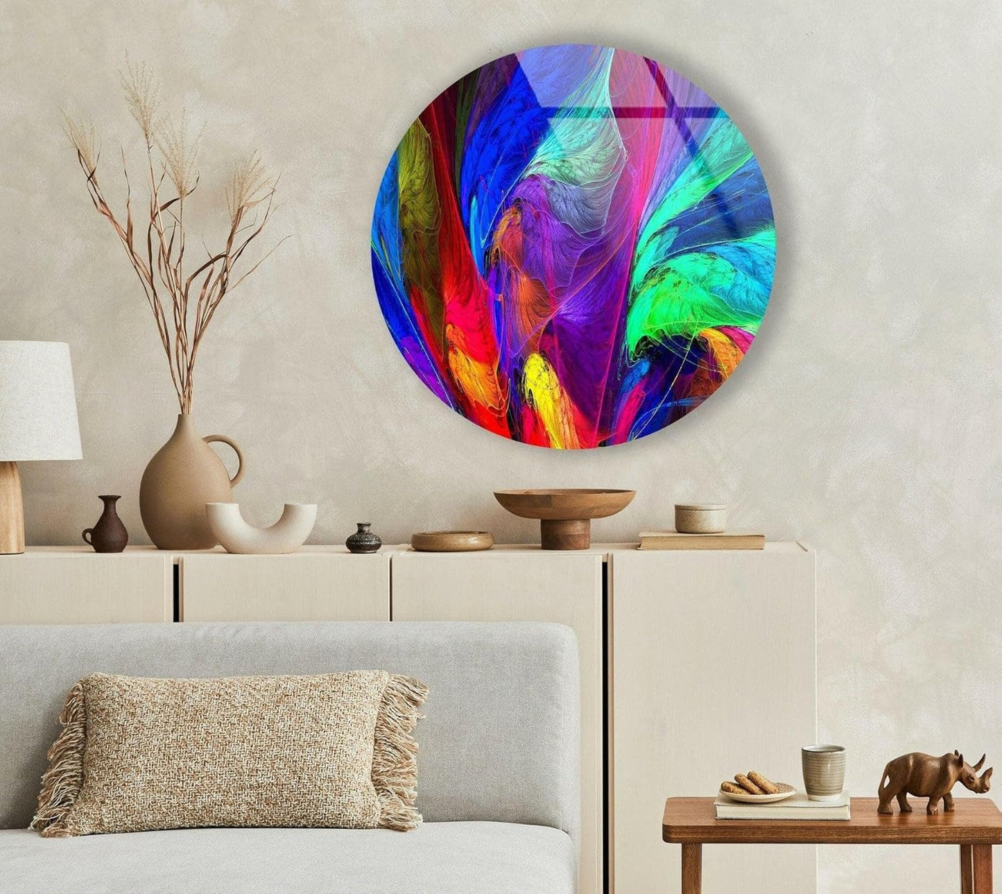 My Photostation.com 31.5''(80cm) Diameter Neon Colors Abstract Round Glass Wall Art Tempered Glass Printing Wall Decor Large Wall Art Wall Hangings