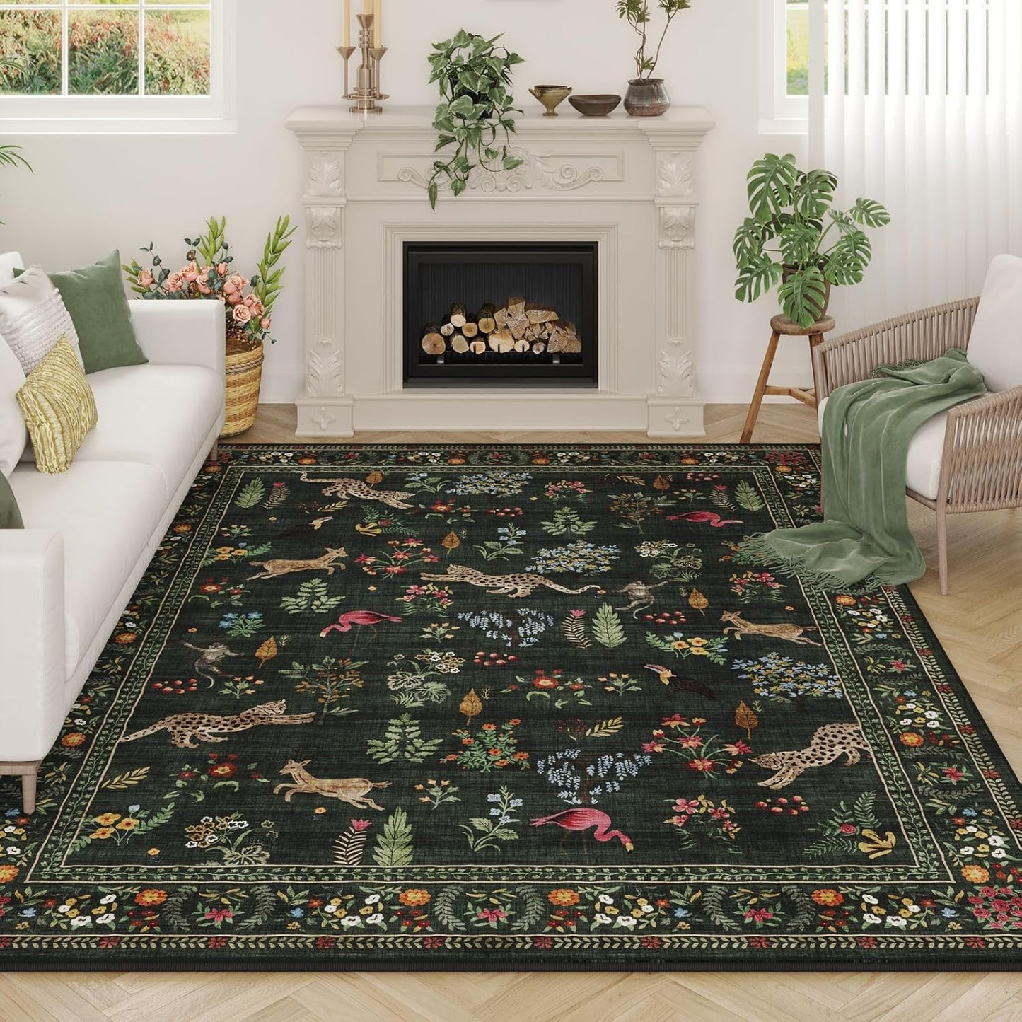 Rugcomf Living Room Rug 5x7 Rug Machine Washable Boho Area Rug Non Slip Floral Animal Vintage Low Pile Large Rugs for Living Room, Bedroom, Farmhouse, Dining Room, Kids Playroom (Green)