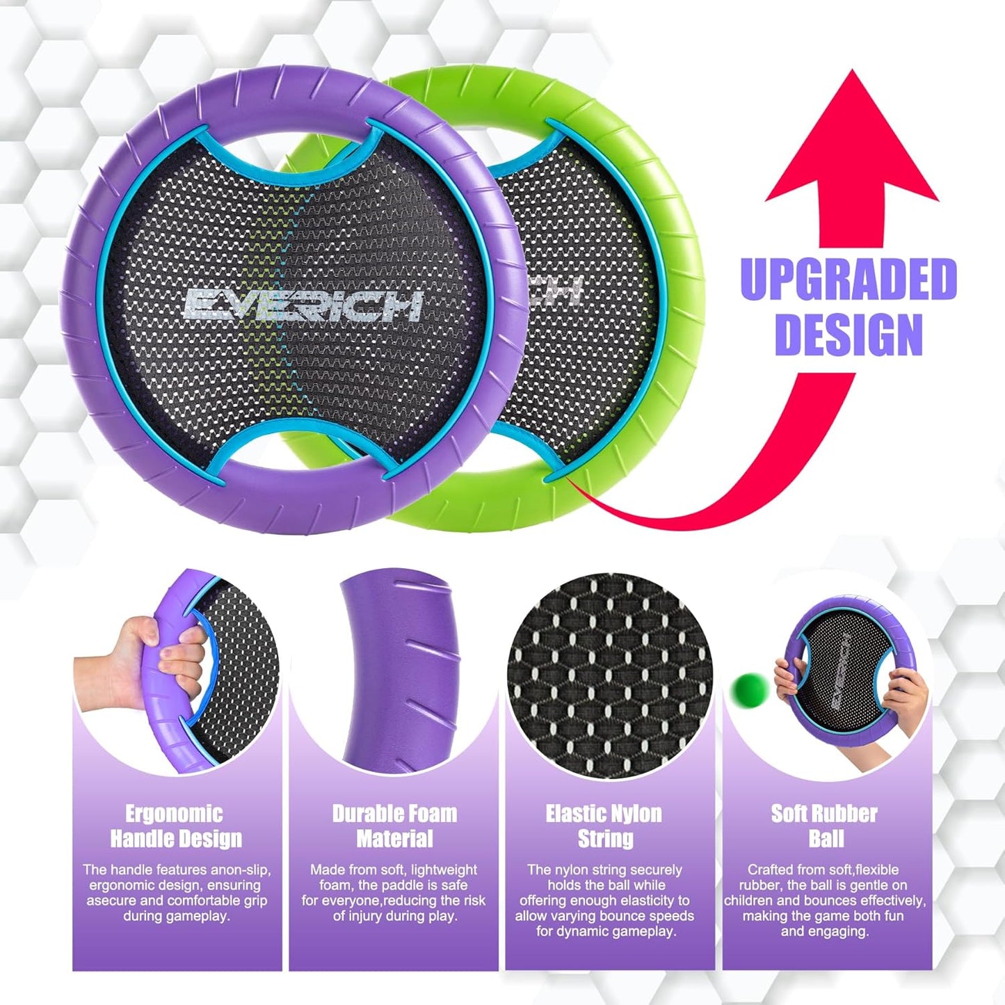 EVERICH TOY Trampoline Paddle Ball Set with 2 Bouncy Paddles & 4 Balls - Soft Foam Design for Kids Play Indoor Outdoor Beach Backyard Lawn - Great Gift Idea for Boys & Girls (Blue & Purple)