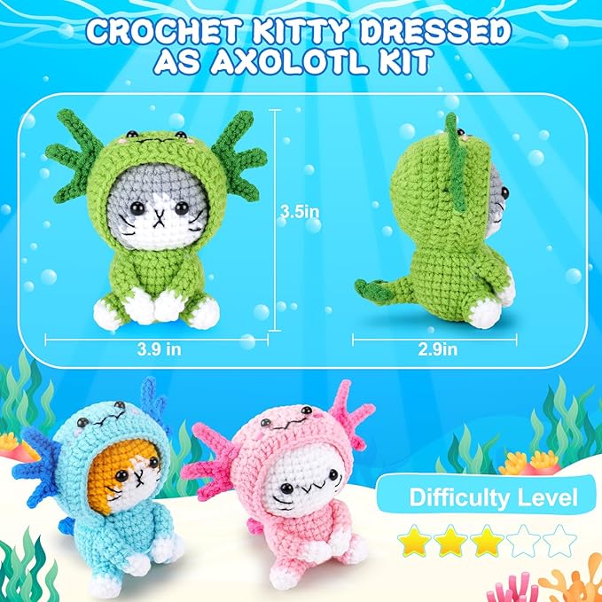 Fortuning's JDS Crochet Kit for Beginners - 3 PCS Axolotl Cat Crochet Kits with Step-by-Step Video Tutorials, Beginner Crochet Kit for Adults, Crochet Cat Dressed as Axolotl Set