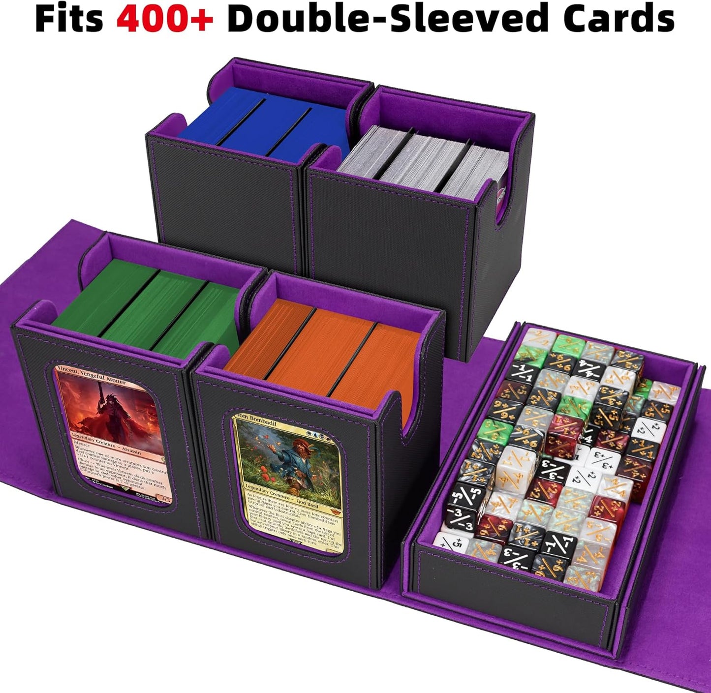 AFIING Commander Deck Box for MTG/EDH, Fits 400+ Double-Sleeved Cards, with Display Window, 4 Removable Deck Cases, Dividers, Dice Tray & Handle, Card Holders for TCG (Black Purple)
