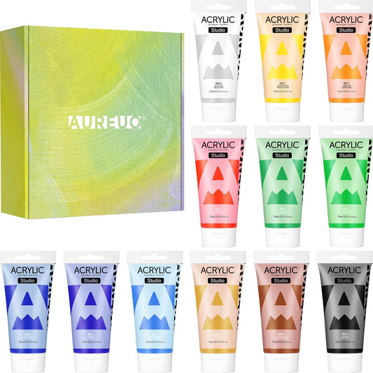AUREUO Studio Acrylic Paint Set -12 Primary Colors 75ml / 2.5 Fl Oz Tubes - Non-toxic Craft Paints with Gift Box for Canvas, Wood, Rock Stone, Glass, Art Supplies