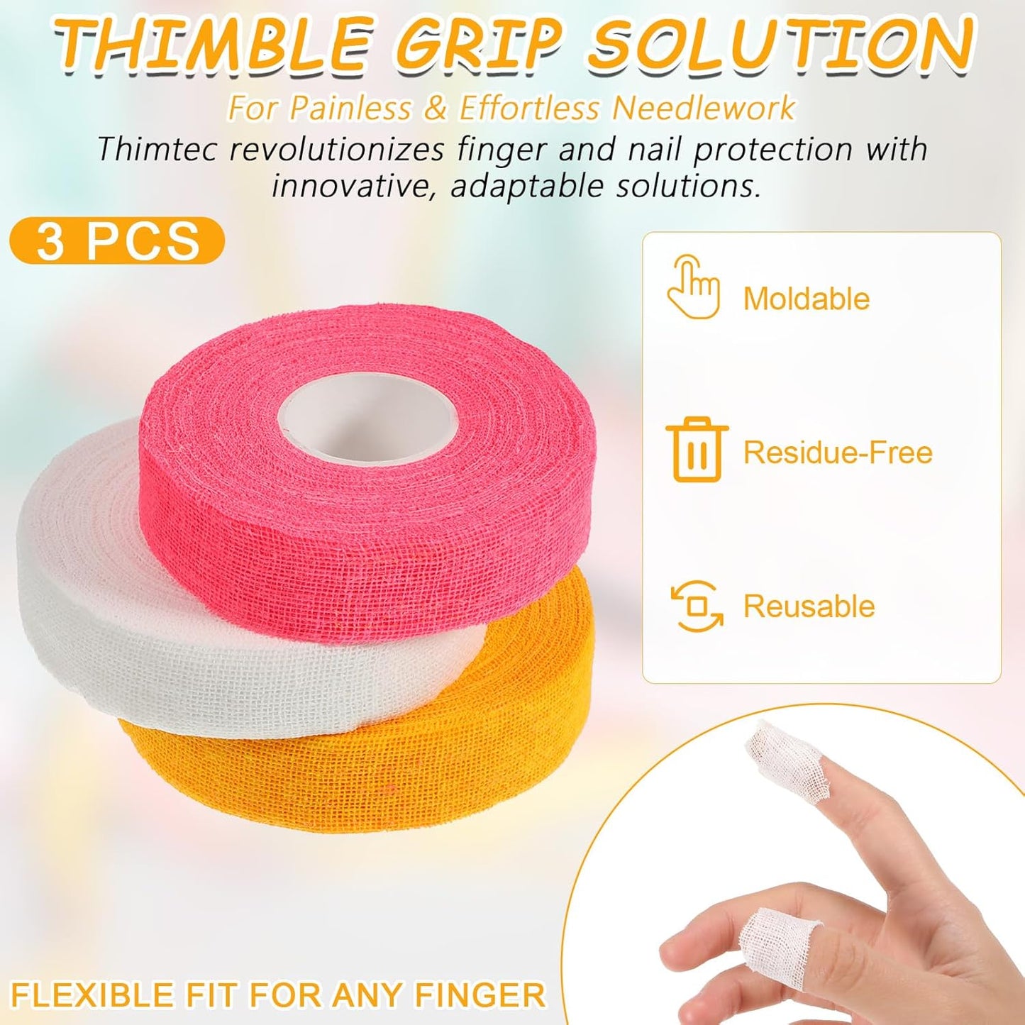 Bewudy 3 Rolls Thimble Tape for Hand Sewing, Sewing Thimble Finger Protector Tape Breathable Cotton Gauze Thimble Tapes Knitting Bandage Wrap for Quilting Crocheting Embroidery