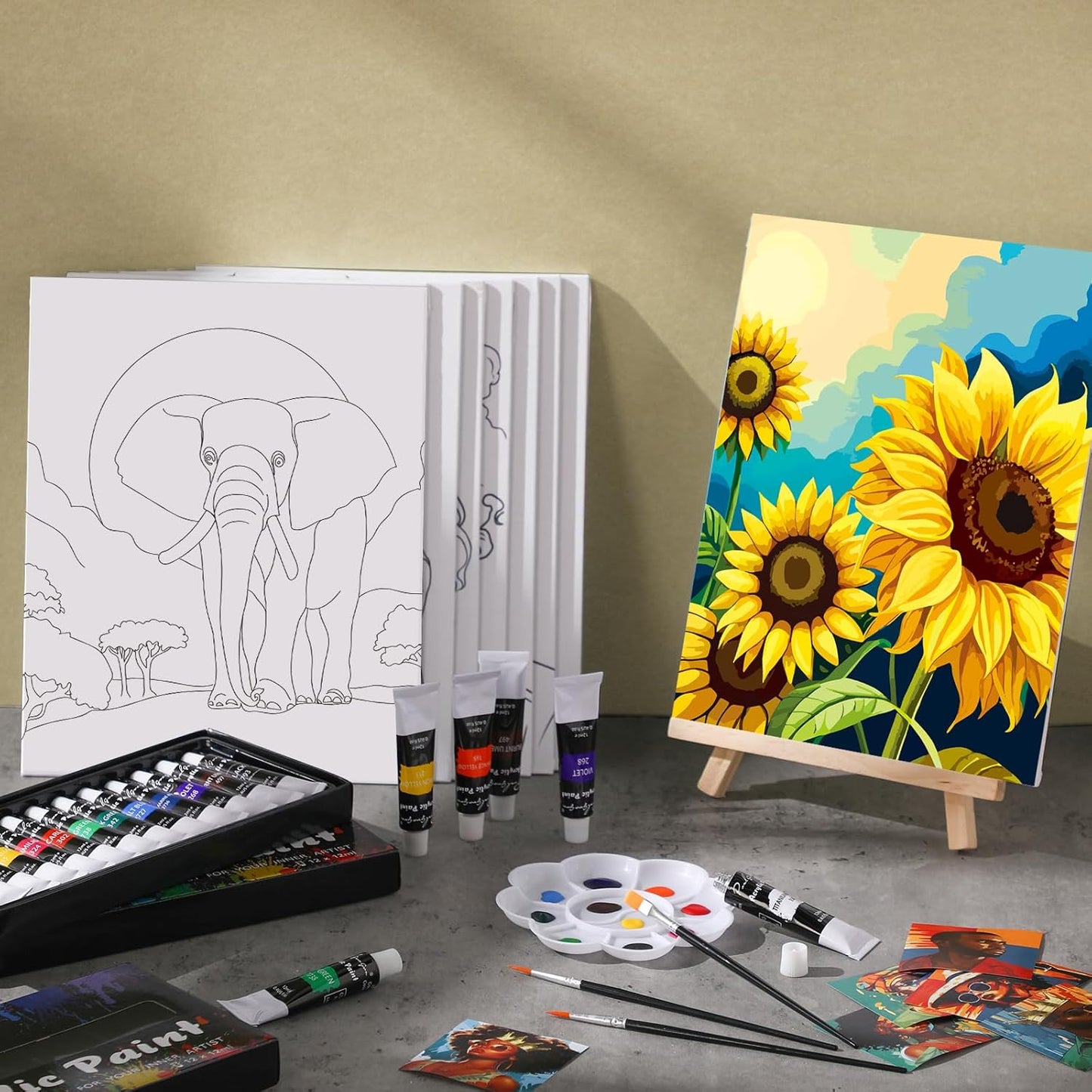 Cholemy 36 Pcs Paint and Sip Kit for Adults 8''x10'' Pre Drawn Canvas for Painting DIY Afro Acrylic Painting Kit Wood Easel Brushes Date Night Bulk for Christmas Party Gifts(Plants Animals)