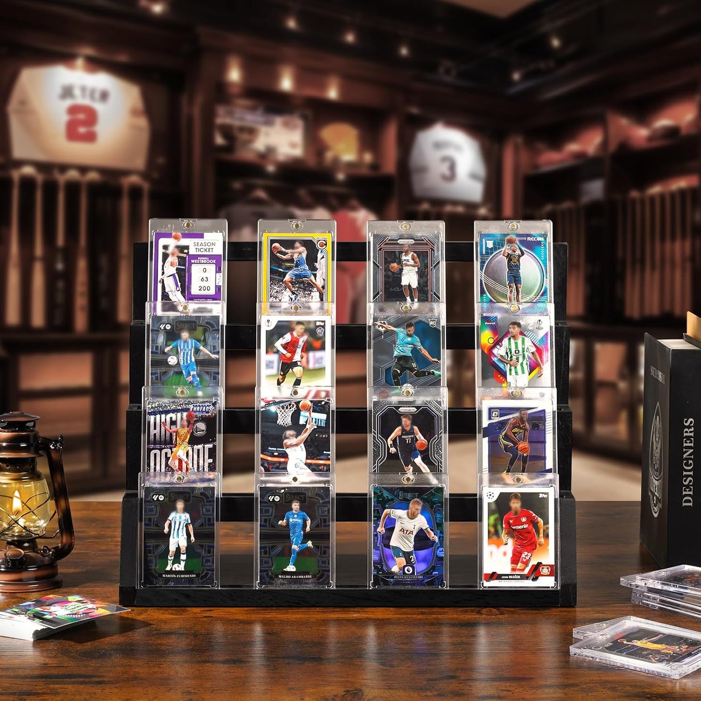 Emfogo Card Display Stand, 4-Tier Trading Card Display, Wooden Graded Baseball Sports Card Display, Trading Card Display Case for Card Collection & Show (Black)
